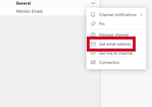 Teams channel context menu with "Get email address" highlighted in a red box.