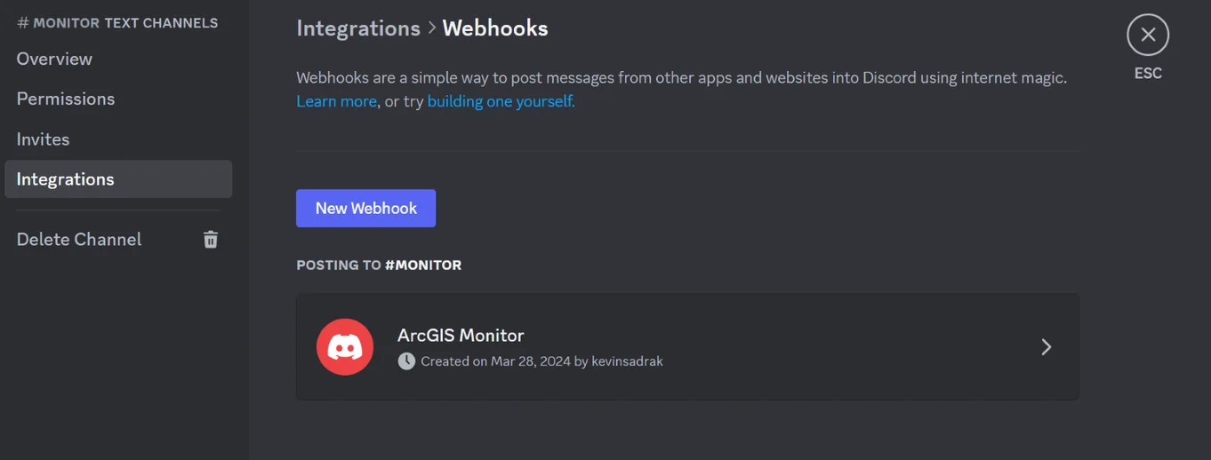Discord channel Integrations screen showing the Webhooks section with an existing webhook named ArcGIS Monitor posted to the #monitor channel, created by kevinsadrak on March 28, 2024.