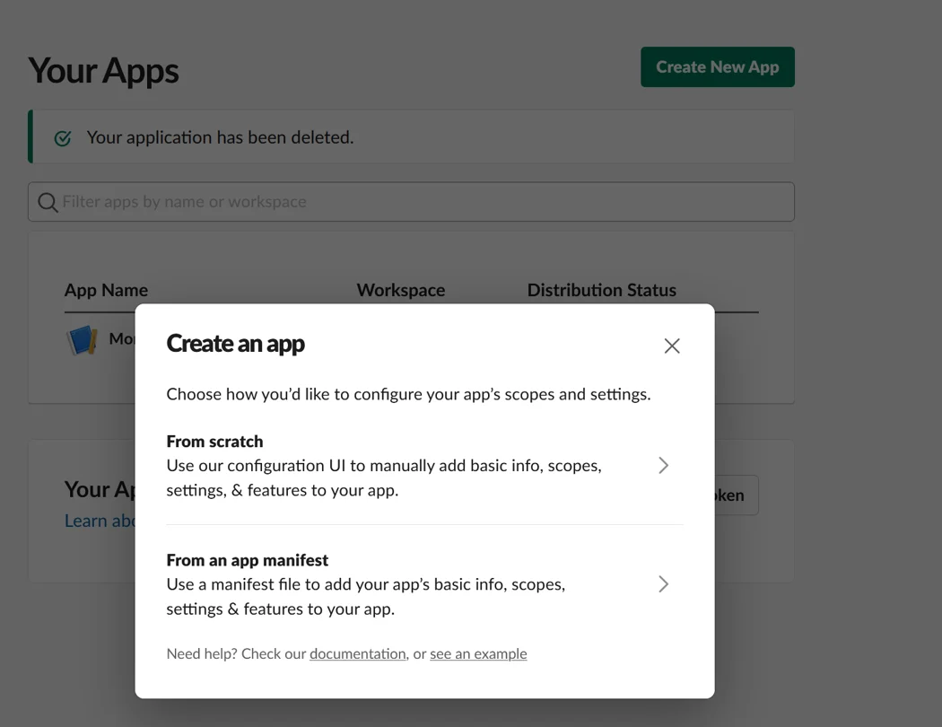 Slack API portal showing the Create an App dialog with two options: From Scratch, to manually configure app scopes and settings, and From an App Manifest, to use a manifest file for configuration.