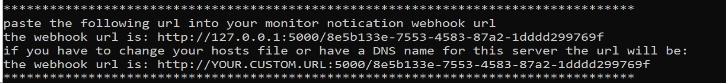 Command prompt output displaying the generated webhook URL after running the Flask app for the first time, showing the local webhook URL at 127.0.0.1:5000 and the custom DNS webhook URL to be entered into ArcGIS Monitor's notification settings.