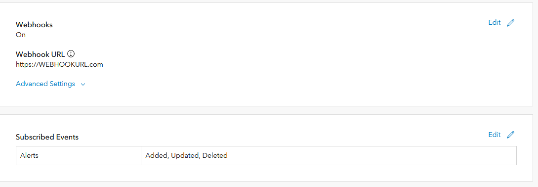 ArcGIS Monitor webhook settings overview showing webhooks enabled with a placeholder webhook URL, and a Subscribed Events table listing Alerts with Added, Updated, and Deleted event types selected.