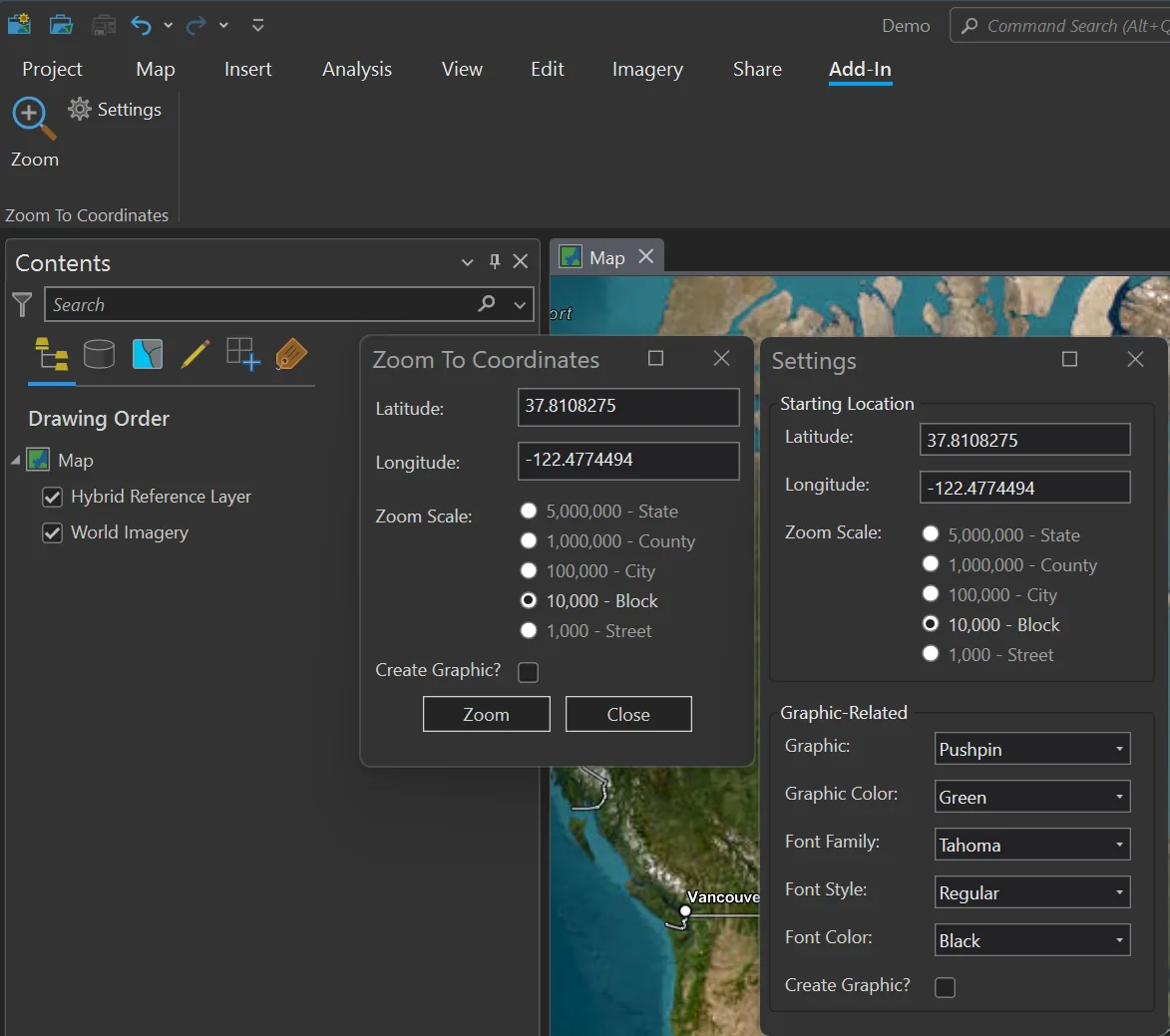 Screenshot of the Zoom To Coordinates Add-In interface in ArcGIS Pro, showing coordinate input fields and graphic overlay options.