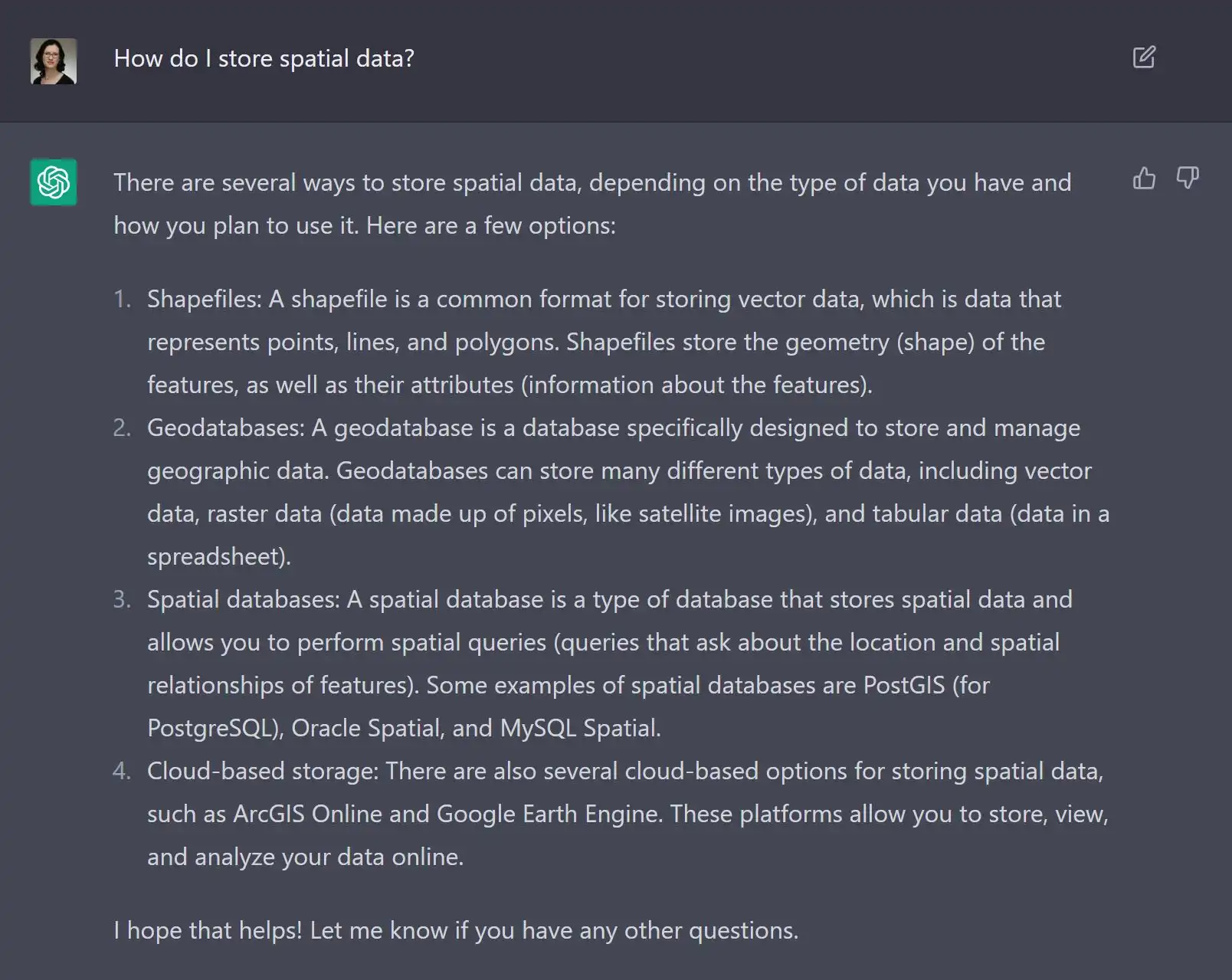 ChatGPT screenshot showing a user asking 'How do I store spatial data?' and ChatGPT responding with a list of four options: shapefiles, geodatabases, spatial databases, and cloud-based storage platforms including ArcGIS Online