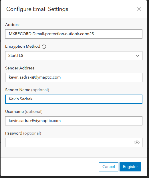 ArcGIS Monitor Configure Email Settings dialog showing fields for address (MXRECORDID.mail.protection.outlook.com:25), encryption method (StartTLS), sender address, sender name, username, and an empty password field, with Cancel and Register buttons