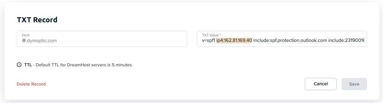 DNS TXT record editor showing host @.dymaptic.com and a TXT value containing an SPF record with a highlighted IP address (ip4:162.81.169.40) alongside include directives for spf.protection.outlook.com, with a default TTL of 5 minutes