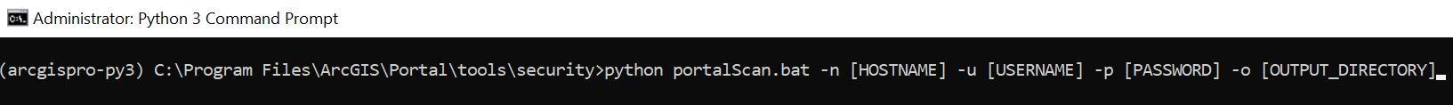 A Python 3 Command Prompt in Administrator mode showing the command to run portalScan.bat from C:\Program Files\ArcGIS\Portal\tools\security, with parameters for hostname, username, password, and output directory.