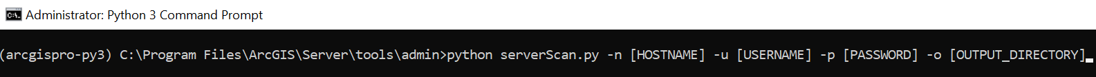 A Python 3 Command Prompt in Administrator mode showing the command to run serverScan.py from C:\Program Files\ArcGIS\Server\tools\admin, with parameters for hostname, username, password, and output directory.