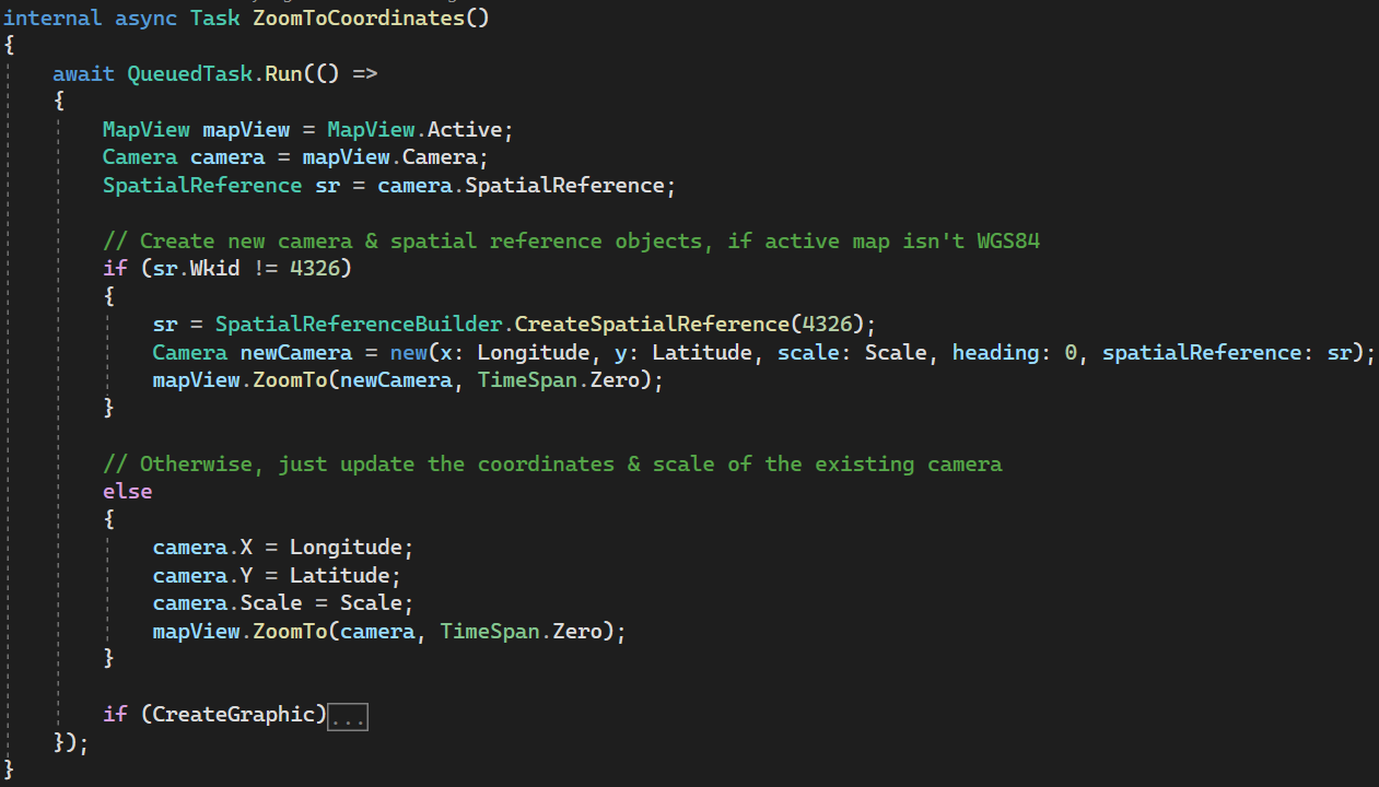 C# code showing the ZoomToCoordinates async Task method using await QueuedTask.Run(), with logic to create a new WGS84 spatial reference if the active map's WKID is not 4326, then zoom the MapView camera to the user-specified longitude, latitude, and scale. If the map is already WGS84, the method updates the existing camera's coordinates directly before zooming.
