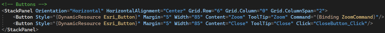 XAML code showing a horizontal StackPanel with two Esri-styled buttons: a Zoom button whose Command attribute is bound to ZoomCommand via WPF binding, and a Close button wired to the CloseButton_Click event handler.