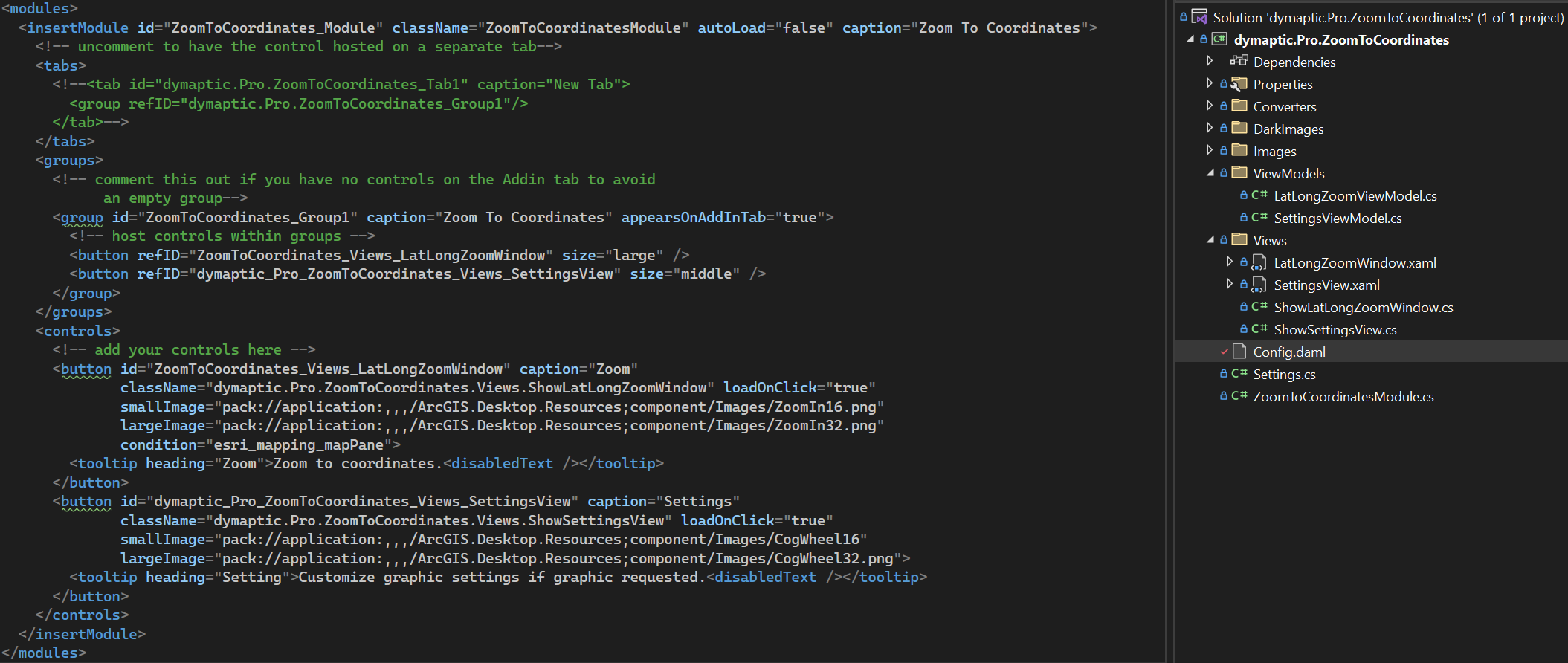 Config.daml XML and Solution Explorer for the dymaptic.Pro.ZoomToCoordinates Add-In after renaming Module.cs to ZoomToCoordinatesModule.cs, showing the updated className and id attributes alongside the full project structure.