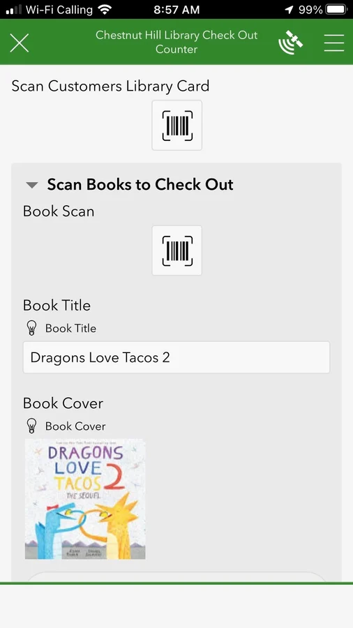 Mobile screenshot of a Survey123 form titled Chestnut Hill Library Check Out Counter showing two barcode scanner input fields, one for scanning a customer's library card and one for scanning books, with a completed entry displaying the book title Dragons Love Tacos 2 and its cover art retrieved automatically via the Google Books API