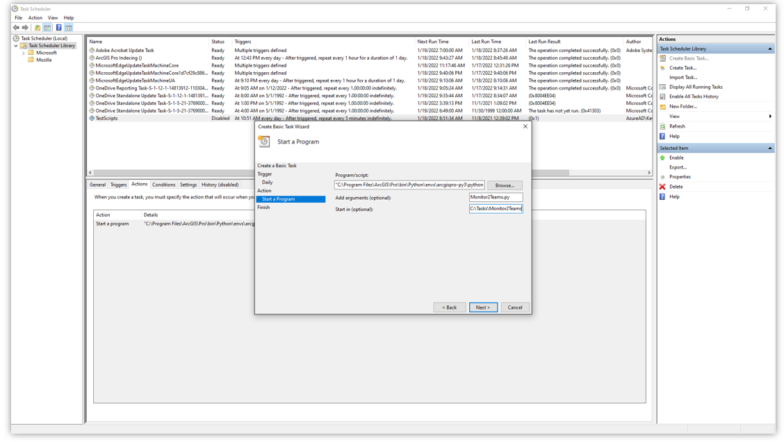 Windows Task Scheduler interface showing a list of scheduled tasks, with the Create Basic Task Wizard open and configured to run the Monitor2Teams Python script from the ArcGIS Pro Python environment on a recurring hourly schedule.