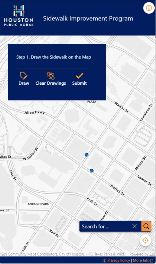 Screenshot of the Houston Public Works Sidewalk Improvement Program prototype application, showing a street map of downtown Houston with draw, clear, and submit tools for citizens to mark desired sidewalk locations