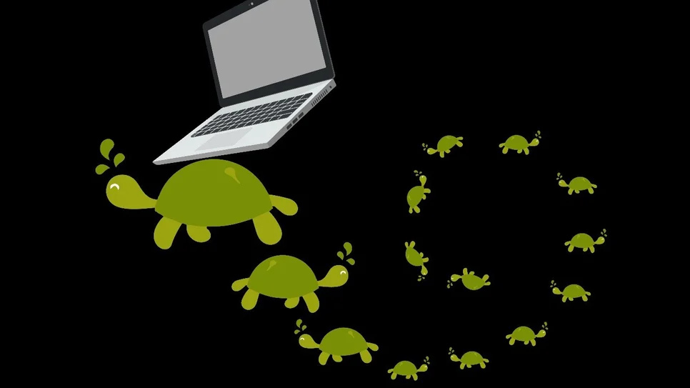 Illustration of a laptop computer with a large green turtle beside it, followed by a spiraling trail of progressively smaller green turtles, representing the concept of compounding system complexity described as turtles all the way down