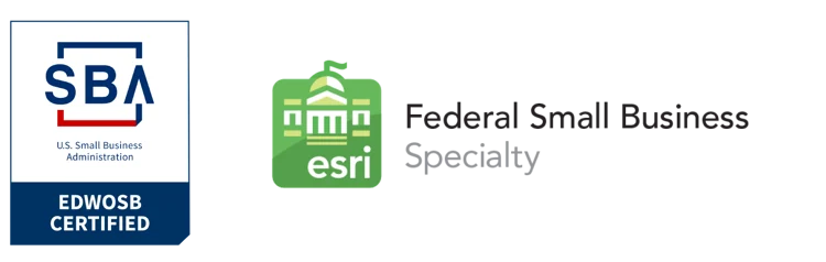 Two certification badges side by side: the U.S. Small Business Administration EDWOSB Certified badge on the left, and the Esri Federal Small Business Specialty badge on the right