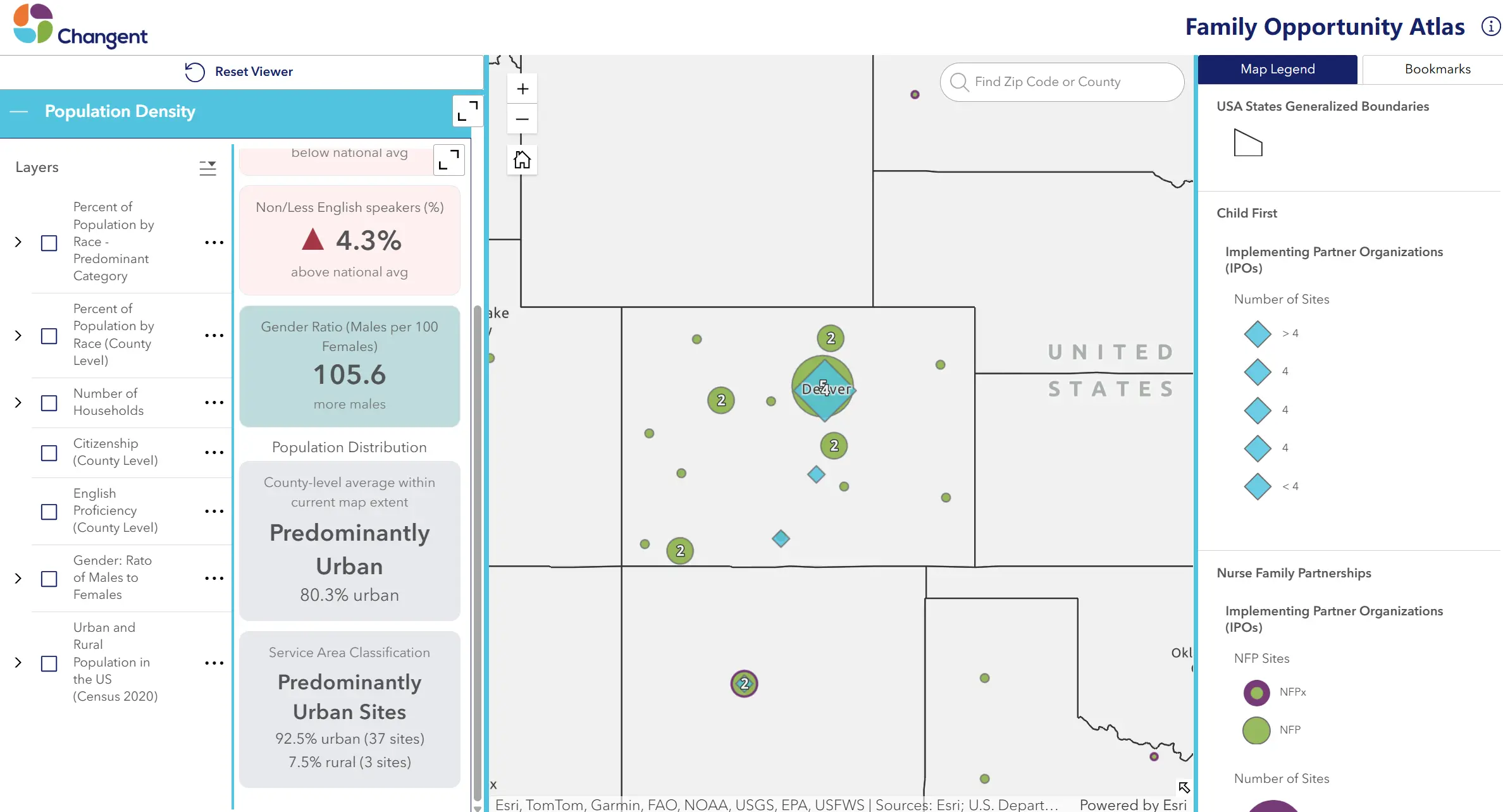 The population density layer with an expanded pop-up showing health equity indicators at the county level, including urban/rural classification, gender ratio, and service area coverage