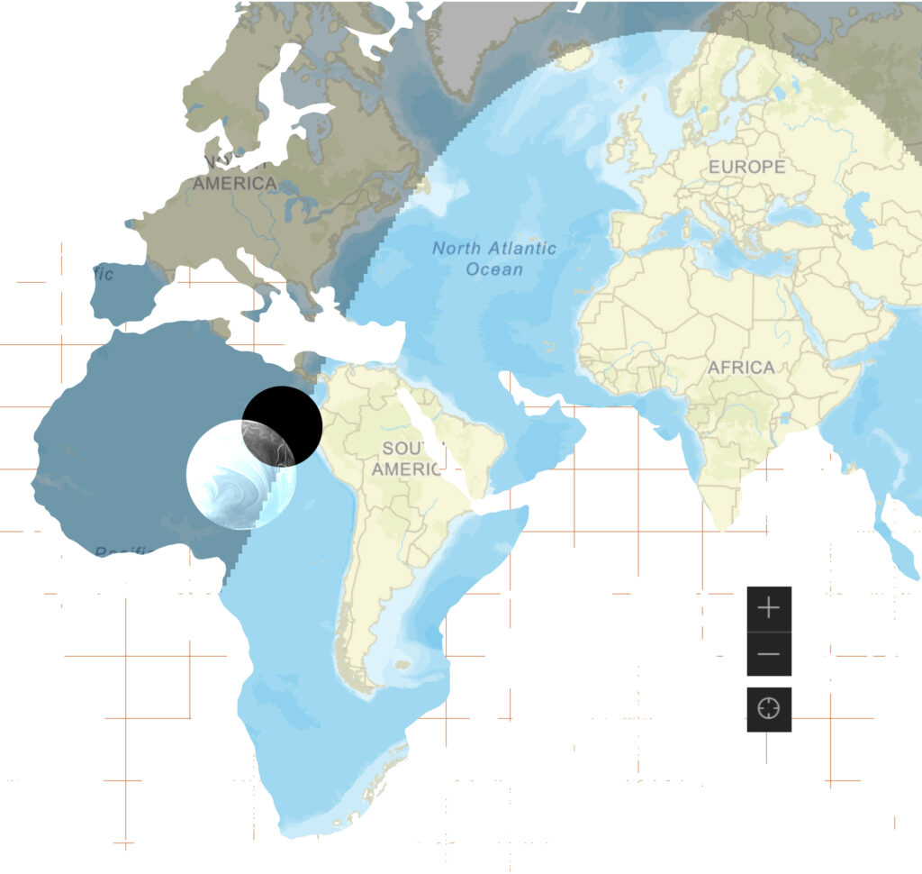 Graphic of a world map with day/night terminator line, overlaid with a sun and moon icon.